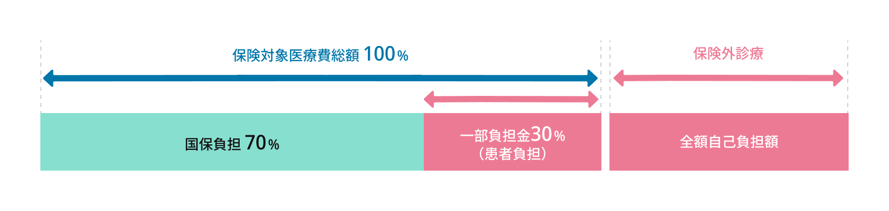 日本の医療費負担の仕組み図。保険診療(国保負担70%・自己負担30%)と、保険外診療(全額自己負担)の対比。