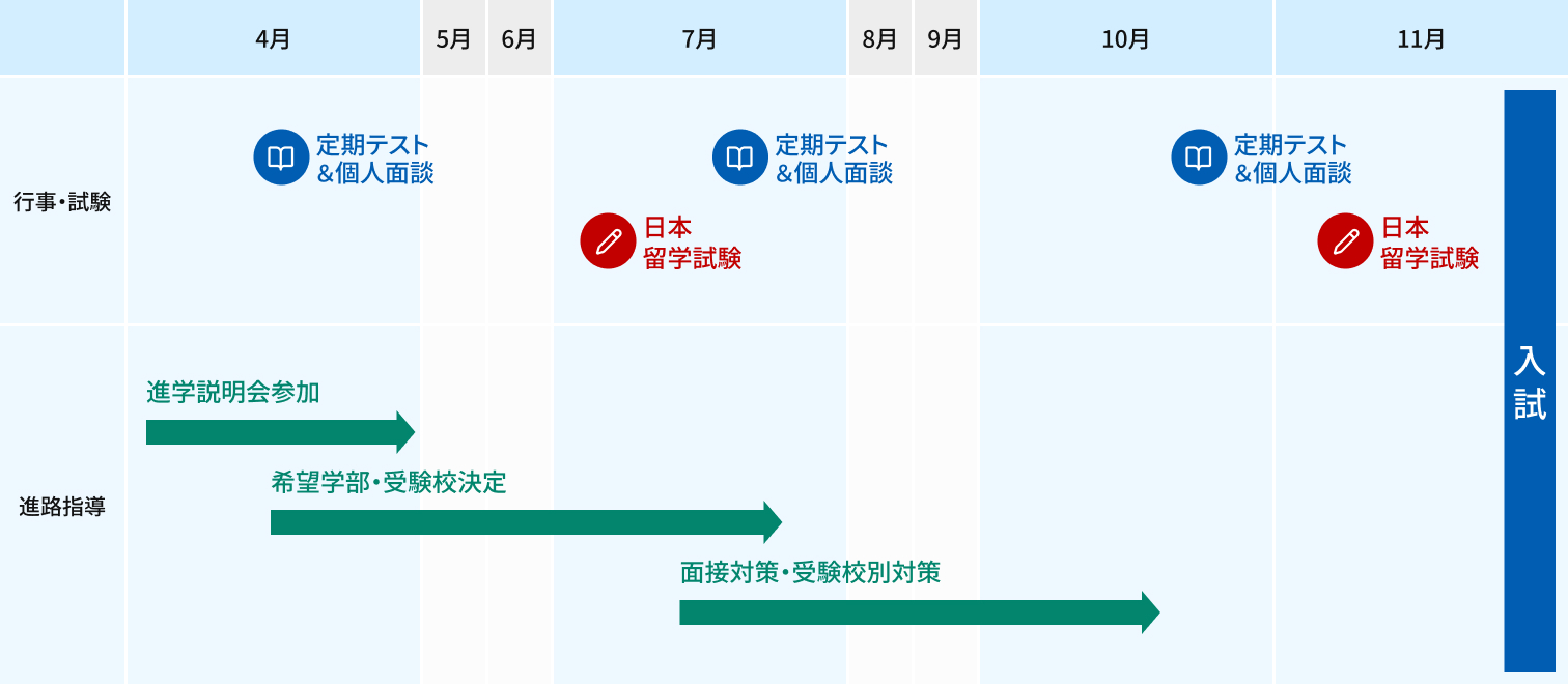 4月から11月以降にかけて、行事・試験と進路指導の2つの軸で年間スケジュールが組まれています。まず行事・試験の面では、4月・7月・10月に定期テストと個人面談が実施されます。加えて、7月と11月に日本留学試験が行われ、11月末に入試があります。一方、進路指導は4月の進学説明会参加から始まり、4月から7月にかけて希望学部や受験校を決定していきます。その後、7月から10月にかけて面接対策や受験校別の対策を段階的に進め、11月の入試に備える流れとなっています。